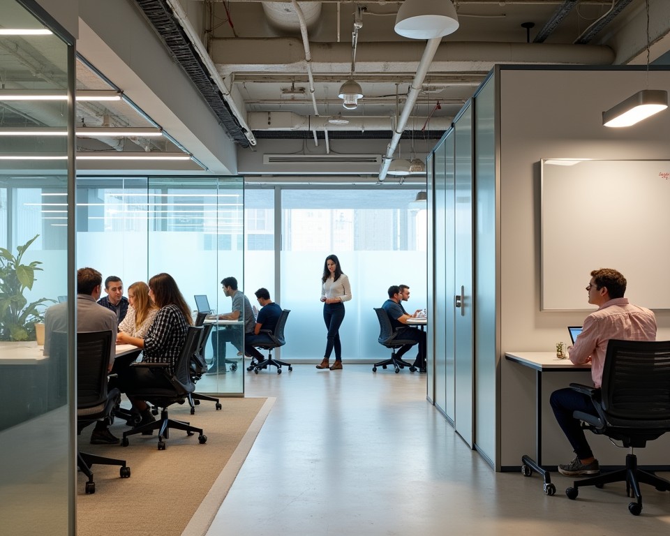 Flexible office space with movable partitions and modular furniture, adapting to collaboration and privacy needs