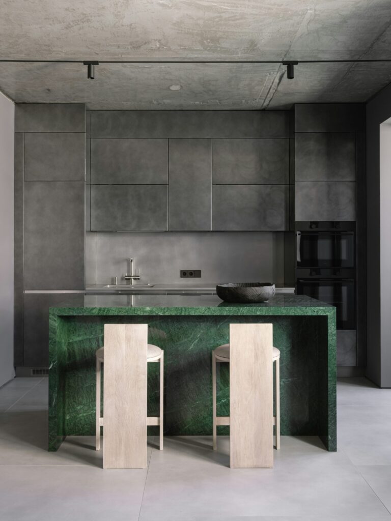 stylish kitchen counter made from recycled glass, showcasing sustainability and modern design