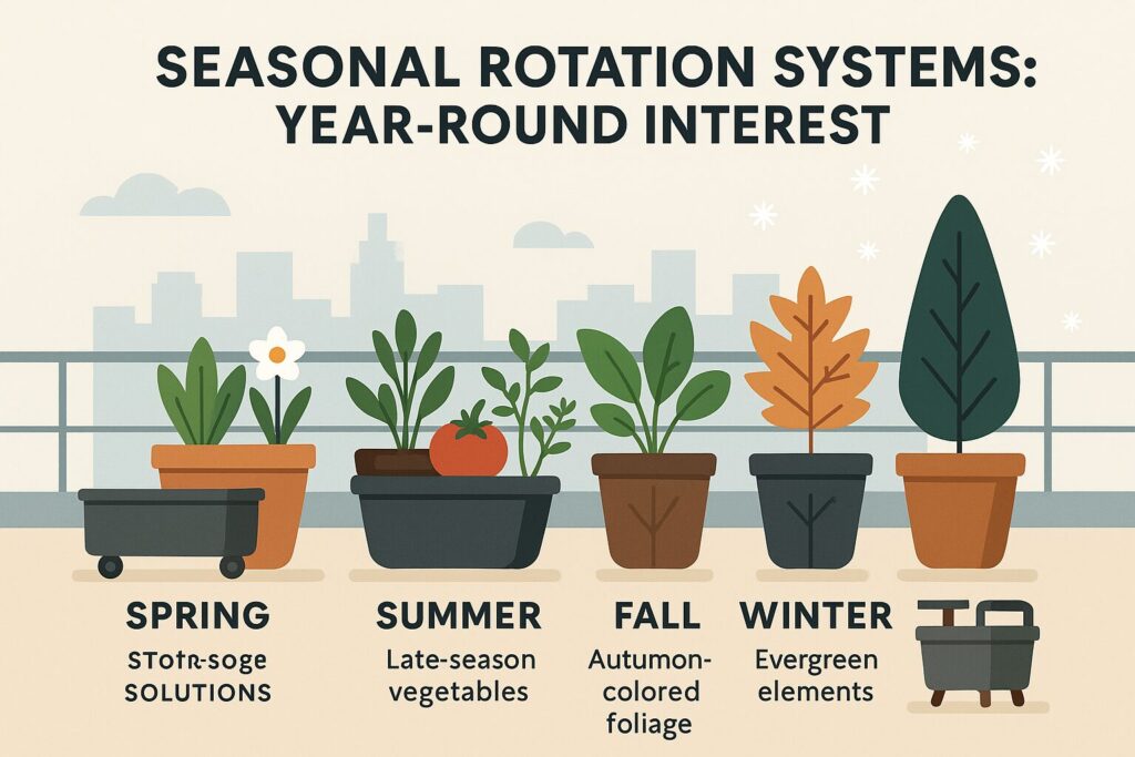 Seasonal rooftop garden infographic showing plants for spring, summer, fall, and winter.