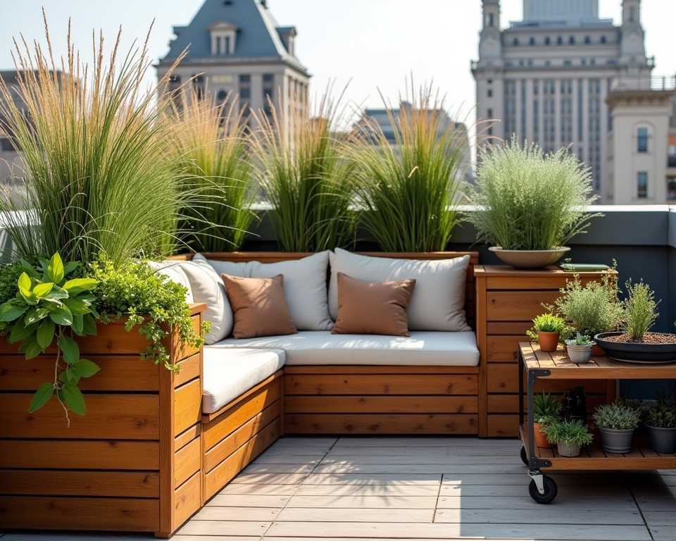 Rooftop bench with integrated planters and a rolling garden cart, showcasing multi-functional design