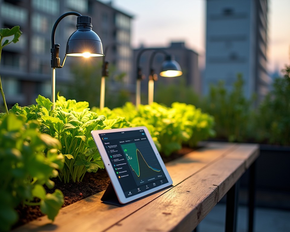 Smart rooftop garden with sensors, LED grow lights, and app-connected irrigation system