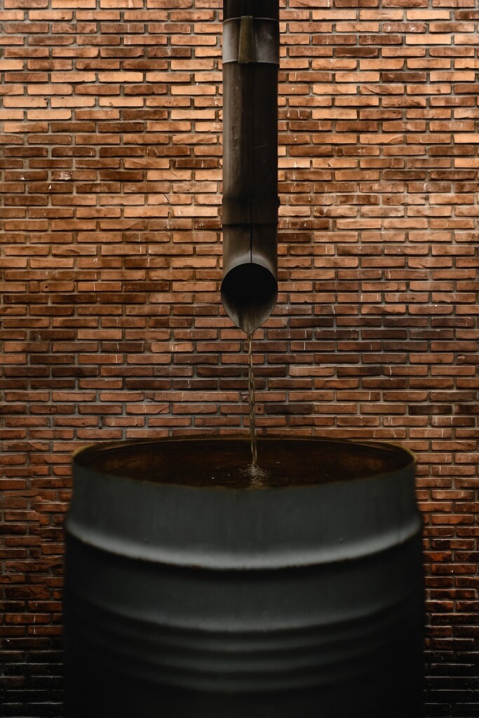 A rainwater harvesting system with a downspout directing water into a dark barrel against a brick wall.