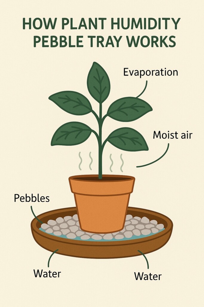 An infographic diagram explaining how a plant humidity pebble tray works, with labels for water, pebbles, evaporation, and moist air.