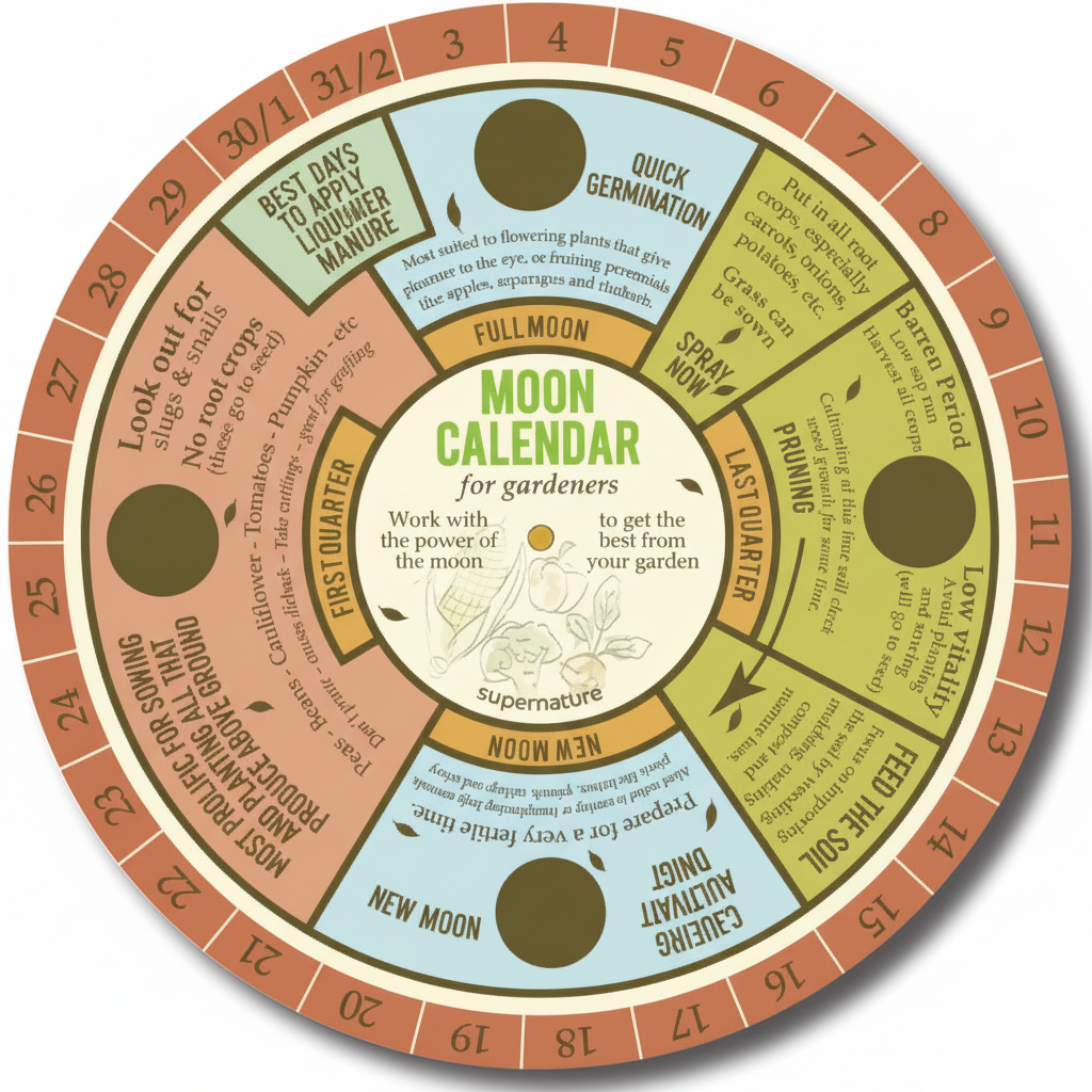 An infographic of a biodynamic moon calendar for gardeners, showing how to time planting and other activities with the phases of the moon
