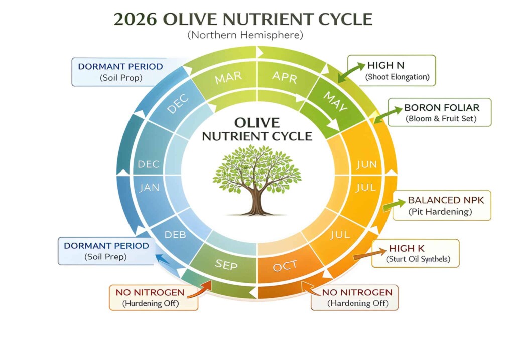Circular infographic chart detailing the 12-month olive nutrient cycle for the Northern Hemisphere, indicating specific timing for Nitrogen, Boron, and Potassium applications throughout spring, summer, and autumn stages.
