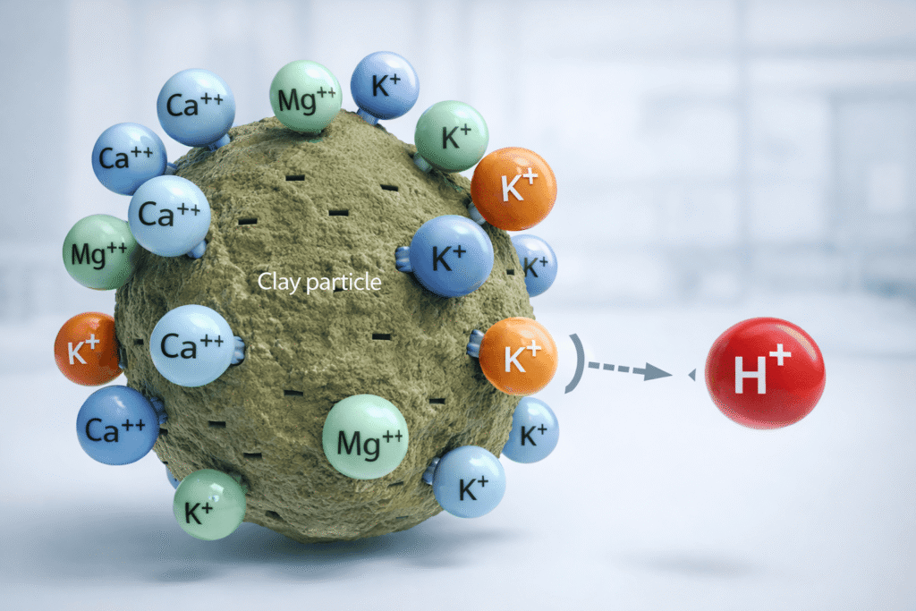 A scientific 3D illustration of a soil clay particle with a negative surface charge attracting positively charged calcium, magnesium, and potassium ions in the rhizosphere.