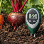 Close-up of a gardener's hand inserting a digital soil pH meter probe into dark garden soil to test acidity levels.