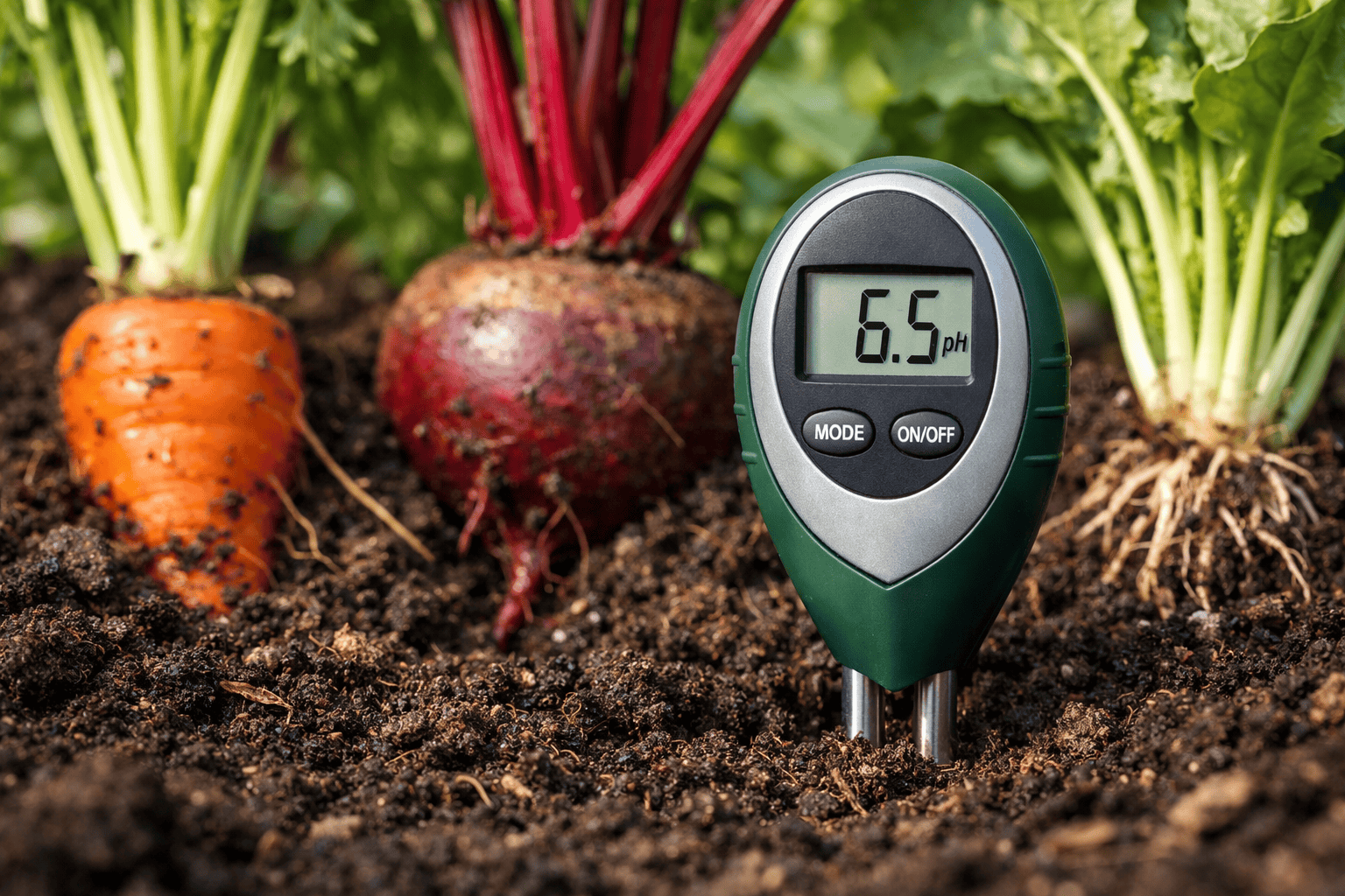 Close-up of a gardener's hand inserting a digital soil pH meter probe into dark garden soil to test acidity levels.