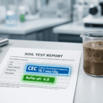 A professional laboratory report on a digital screen highlighting Cation Exchange Capacity (CEC) and Buffer pH metrics, surrounded by a stainless steel soil probe and glass laboratory equipment.