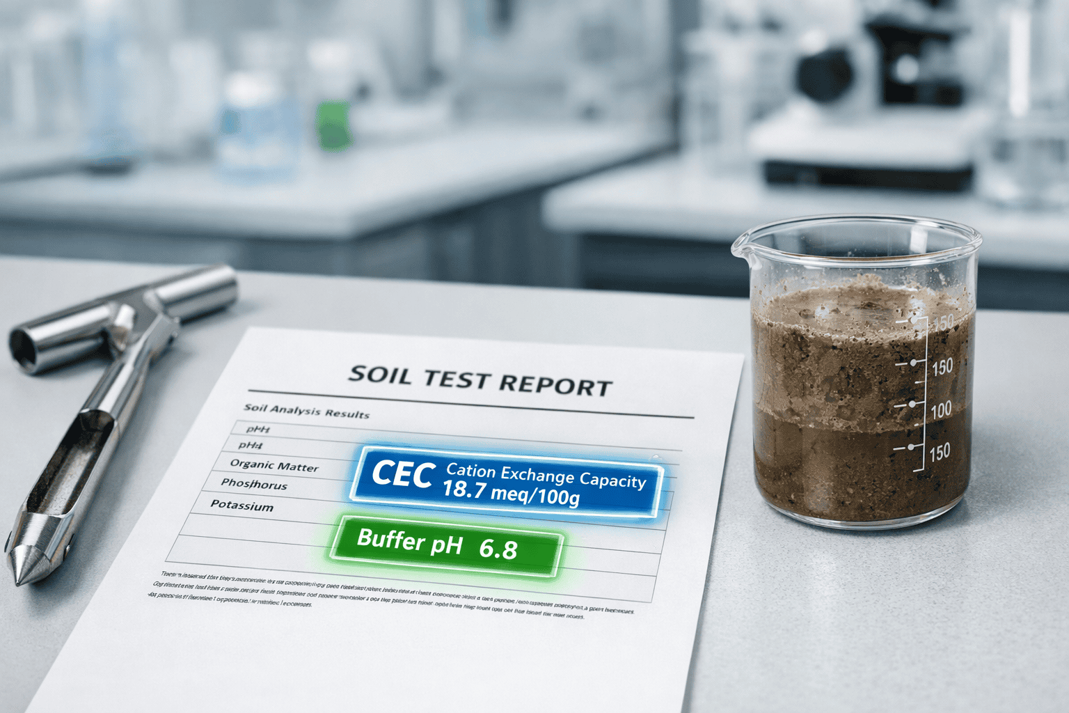 A professional laboratory report on a digital screen highlighting Cation Exchange Capacity (CEC) and Buffer pH metrics, surrounded by a stainless steel soil probe and glass laboratory equipment.