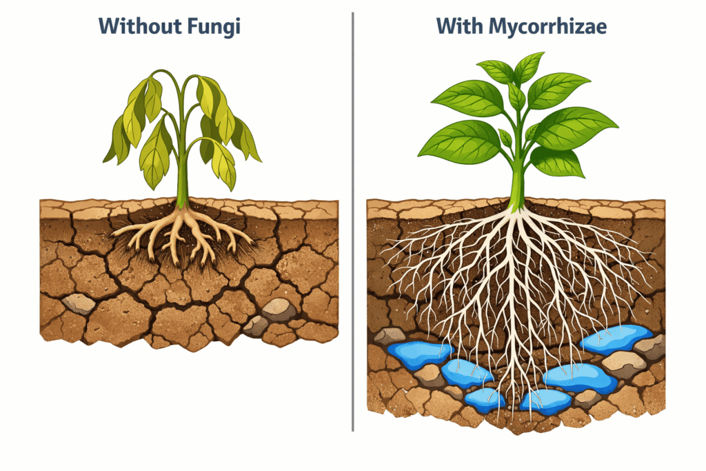Scientific diagram comparing a wilting plant without fungi versus a healthy plant with arbuscular mycorrhizal fungi accessing deep water pockets during drought.
