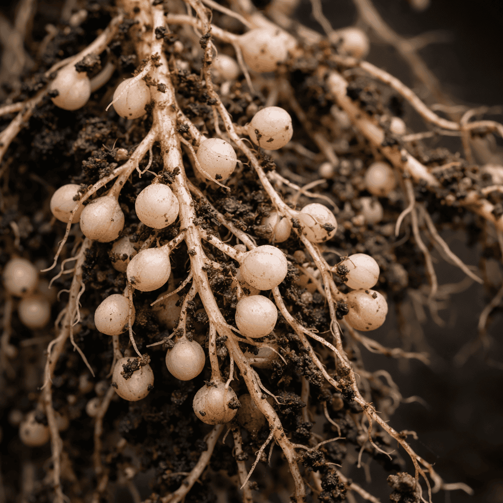 Macro photography of legume root nodules containing nitrogen-fixing Rhizobium bacteria for organic soil fertility improvement.