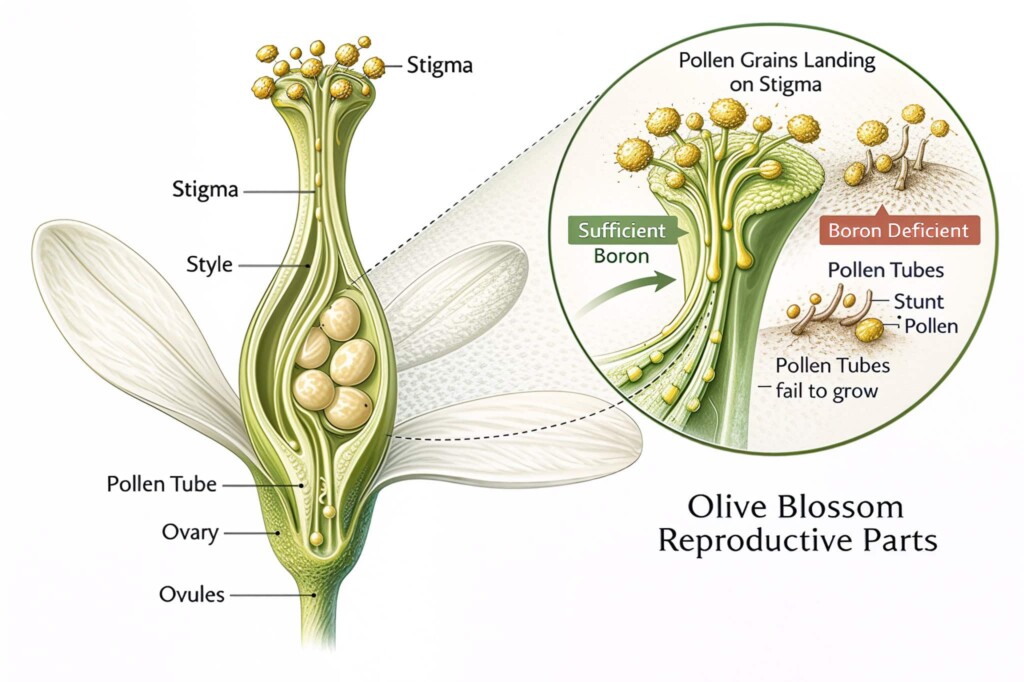 A scientific diagram illustrating olive flower pollination, showing successful pollen tube growth reaching the ovary under sufficient boron levels versus failed, stunted pollen tubes under boron deficiency.