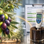 A split-screen photograph showing a healthy olive branch loaded with ripening fruit on the left, contrasted with an agricultural laboratory setting featuring soil testing equipment and data analysis on the right.
