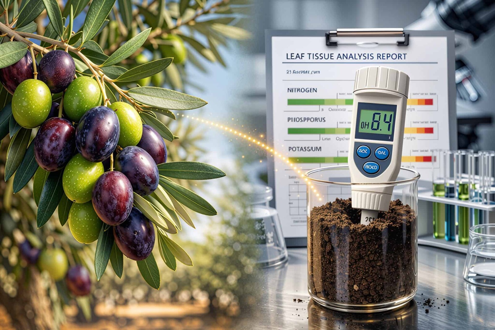 A split-screen photograph showing a healthy olive branch loaded with ripening fruit on the left, contrasted with an agricultural laboratory setting featuring soil testing equipment and data analysis on the right.