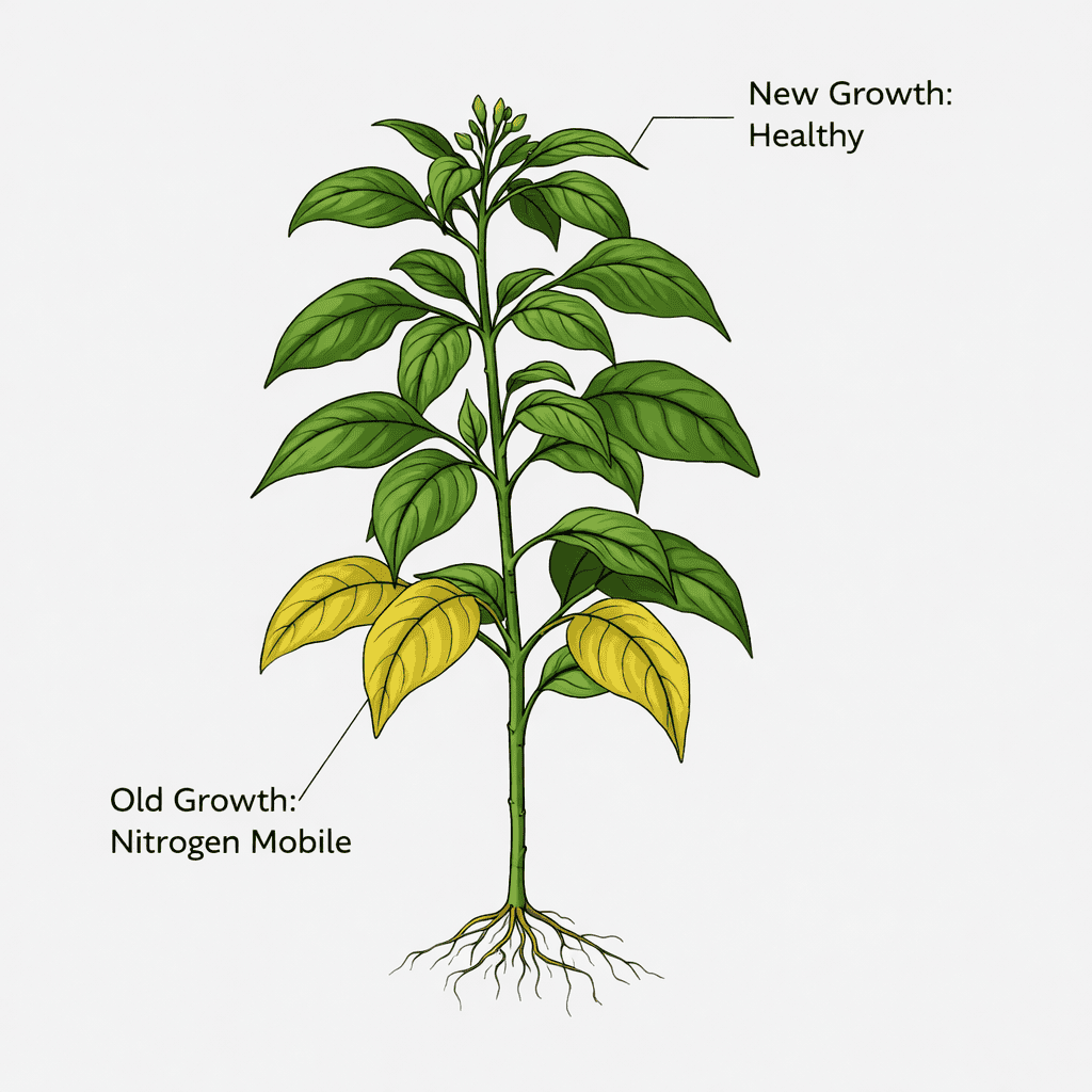 nutrition diagram illustrating nitrogen mobility: translocation of nutrients from older bottom leaves to new growth meristems..