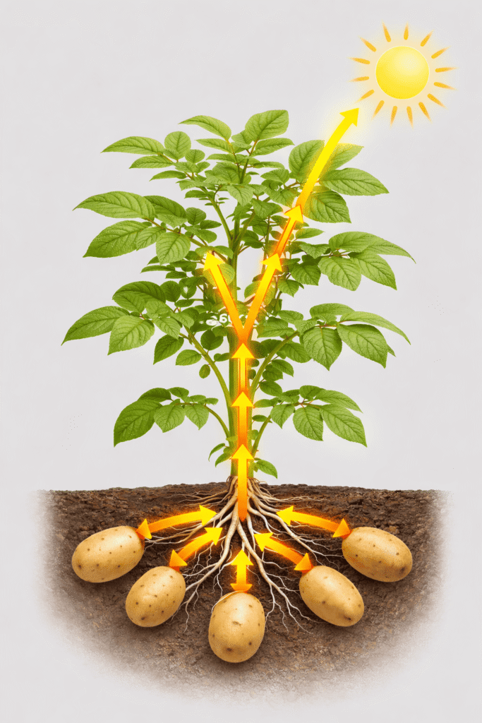 Botanical diagram showing potassium-driven starch translocation from potato leaves to tubers during the bulking phase.
