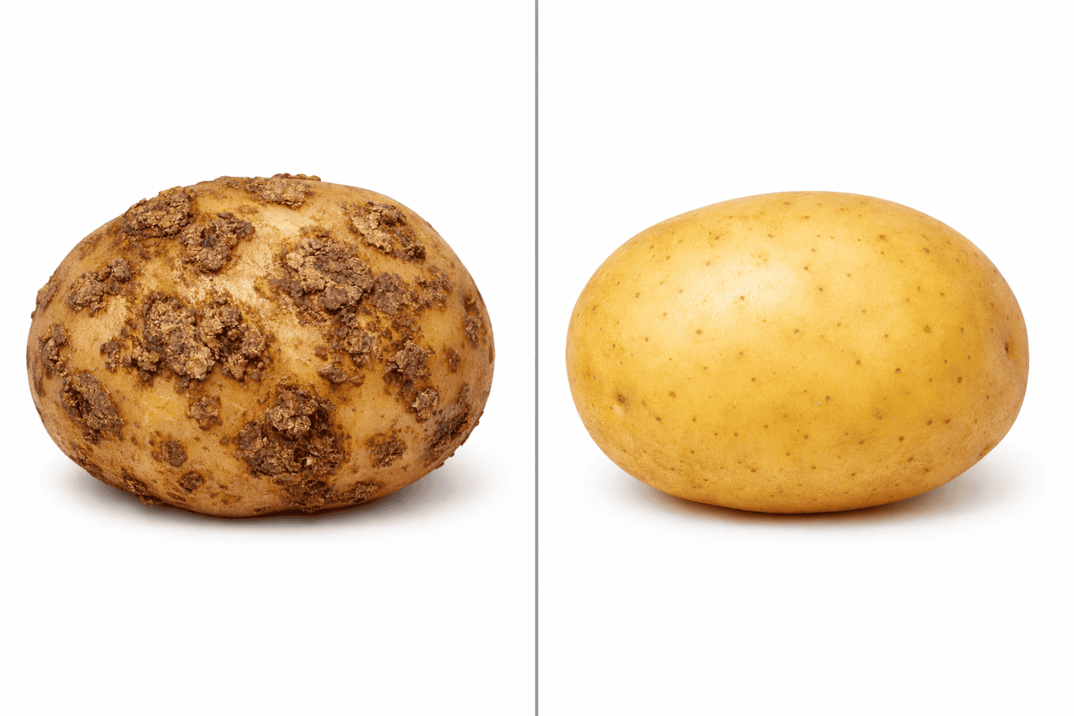 Comparison of common scab on potato skin vs healthy potato grown in acidic soil pH 5.2.