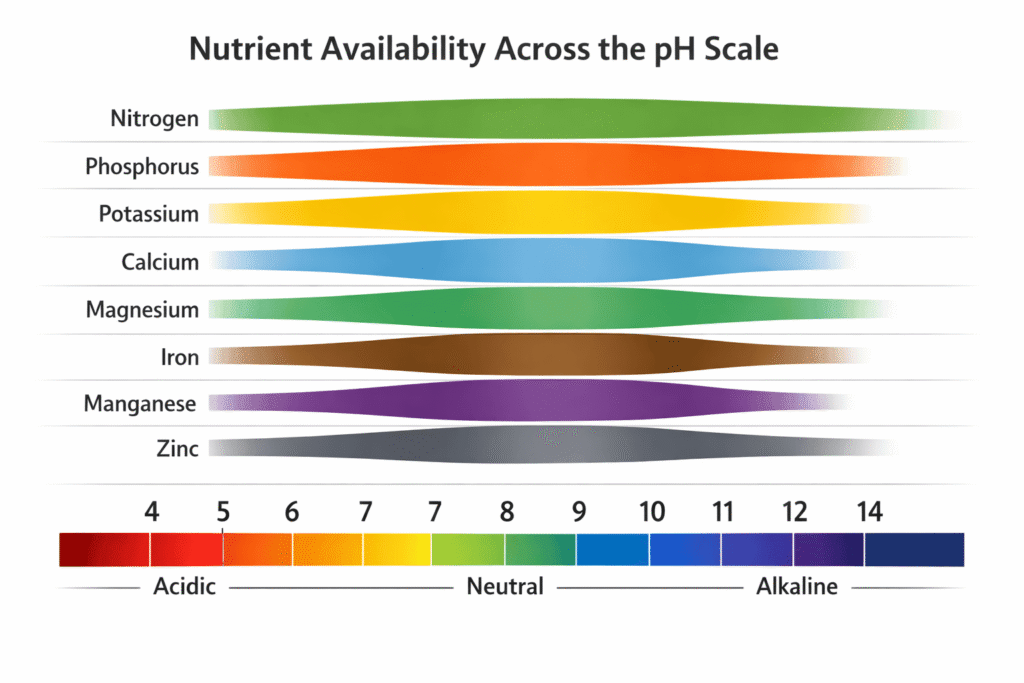A horizontal nutrient availability chart showing how soil pH levels between 4.0 and 10.0 dictate the chemical lock-out or availability of nitrogen, phosphorus, and trace minerals.